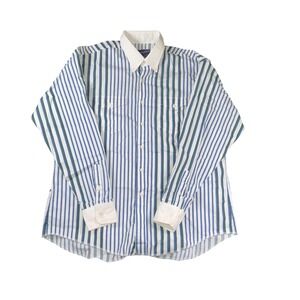 Vintage Wrangler Shirt Mens 18x36 XL White Blue Green Stripe Button Front USA